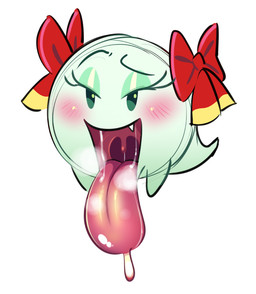 accessory ahegao aroused blush bodily_fluids bow_ribbon cute_fangs drooling fangs female green_body hair_accessory hair_bow hair_ribbon looking_at_viewer looking_pleasured open_mouth ribbons saliva simple_background solo tail teeth tongue tongue_out white_background la-frugele mario_bros nintendo paper_mario lady_bow boo_(mario) ghost spirit 2025 digital_media_(artwork)