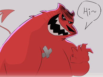 anthro claws creepy_smile gesture horn line_boil looking_at_viewer male open_mouth red_body sharp_teeth smile solo standing tail tail_motion tailwag teeth waving waving_at_viewer debudraws grauwl bear demon mammal animated loop