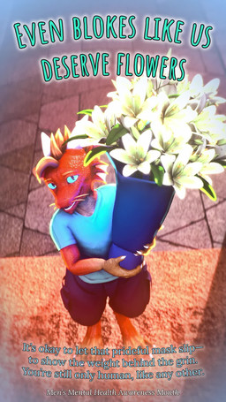 anthro bloom blue_bottomwear blue_clothing blue_eyes blue_pants bottomwear bouquet cheek_frill claws clothing flower gift hair holding_bouquet holding_flower holding_gift holding_object horn lily_(flower) looking_at_viewer looking_up looking_up_at_viewer male open_mouth orange_body pants plant size_difference smaller_male smile smiling_at_viewer solo tail tail_motion tailwag teeth text whiskers dragon-v0942 men's_mental_health_awareness_month mathew_kelly kobold scalie 3d_(artwork) 3d_animation 9:16 animated digital_media_(artwork) english_text hi_res loop no_sound portrait short_playtime source_filmmaker_(artwork) webm