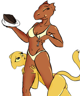 anthro bra breasts butt cake candy chocolate clothing cutlery dessert duo eyes_closed female food fork happy kitchen_utensils panties plate tail tools underwear sidtheape bethesda_game_studios microsoft oblivion prequel_adventure the_elder_scrolls katia_managan quill-weave argonian felid khajiit mammal scalie absurd_res hi_res