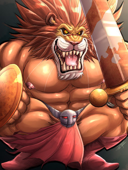abs anthro barazoku bottomwear brown_mane clothed clothing crouching fangs front_view fur glistening glistening_eyes holding_melee_weapon holding_object holding_shield holding_sword holding_weapon loincloth looking_at_viewer male mane melee_weapon muscular muscular_anthro muscular_male open_mouth orange_body orange_fur pecs pubes red_bottomwear red_clothing red_loincloth red_tongue shield simple_background solo sword teeth tongue topless weapon whiskers yellow_eyes crazydrak red_earth leo_(red_earth) felid lion mammal pantherine 3:4 hi_res