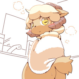 ambiguous_gender bathroom bottomless brown_body brown_fur butt clothed clothing fur looking_at_viewer looking_back partially_clothed sink solo standing towel white_towel yellow_eyes crepix bovid caprine domestic_sheep mammal sheep 1:1 2015 digital_media_(artwork)