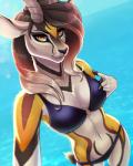 4:5 5_fingers antelope anthro beach bikini bovid breasts cleavage clothed clothing digital_media_(artwork) female fingers gazelle gesture hand_gesture hi_res looking_at_viewer mammal medium_breasts seaside selfie shaded smile solo swimwear two-piece_swimsuit v_sign wyla zahra_(airheart)