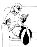 2018 anthro black_and_white book breasts clothed clothing coffee_cup container cup ear_piercing ear_ring female fur furniture hair kelly_o'dor mammal mephitid monochrome narrowed_eyes piercing ring_piercing sitting skunk sofa solo striped_skunk tail tegerio whiskers zandar's_saga