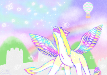 aircraft balloon blurred_background breath_powers castle_wall feathered_wings feathers female feral floating_eyes fur horn hot_air_balloon inflatable male multicolored_body multicolored_fur multicolored_wool poison_breath quadruped rainbow rainbow_body rainbow_fur rainbow_wool symbol tail vehicle white_body white_feathers white_fur wings wool_(fur) yellow_body yellow_feathers yellow_fur somnarion_(artist) mythology somnarion bovid caprine dragon furred_dragon furred_scalie mammal mythological_creature mythological_scalie scalie sheep hi_res