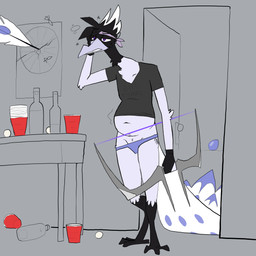 accessory anthro archer arrow_(weapon) avian_feet beak beer_pong belly beverage bottle bottomwear bow_(weapon) clothed clothing container cup dart egg feathers furniture headband holding_object holding_weapon male overweight panties peacock_feather purple_eyes ranged_weapon shirt solo t-shirt table tail tail_feathers topwear underwear weapon white_body white_feathers topazknight psia_(topazknight) avian bird galliform peafowl phasianid 1:1 digital_media_(artwork) hi_res