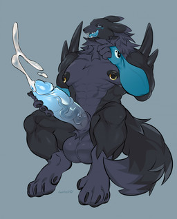 anthro areola armwear balls big_balls big_penis black_body black_fur blue_background blue_penis bodily_fluids clothing cum cumshot ejaculation elbow_gloves fur genital_fluids genitals gloves gradient_penis hand_on_penis handwear holding_penis huge_balls huge_penis humanoid_genitalia humanoid_penis hyper hyper_genitalia hyper_penis licking licking_lips licking_own_lips male muscular muscular_anthro muscular_male nipple_piercing nipples nude_anthro nude_male open_mouth paws pecs penis piercing purple_body purple_fur simple_background sitting sitting_on_another solo thick_penis tongue tongue_out vein veiny_penis catzino bandai_namco digimon canid digimon_(species) mammal renamon hi_res