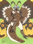 3_fingers 3_toes 4_arms 4_wings antennae_(anatomy) anthro anthrofied areola arthropod_abdomen big_breasts black_areola black_nipples blue_eyes breasts brown_body brown_exoskeleton compound_eyes exoskeleton feet female fingers fur genitals insect_wings lepidopteran_wings looking_at_viewer mandibles multi_arm multi_limb multi_wing nipples non-mammal_breasts pussy question_mark solo tail toes white_body white_fur wings meatboom mothra_(series) toho mothra arthropod insect kaiju lepidopteran moth 2019 hi_res