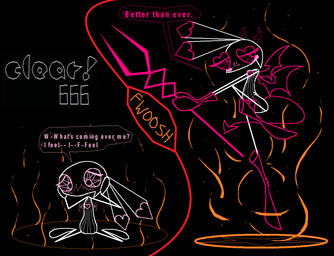 anthro biped black_background blush clothed clothing corruption dress female fire front_view geometric heart_symbol holding_object horn kneeling pitchfork plantigrade simple_background solo stick_arms stick_legs stick_limbs tools transformation wings vinny_van_yiffy sony_corporation sony_interactive_entertainment vib-ribbon vibri demon lagomorph leporid mammal rabbit digital_media_(artwork) full-length_portrait portrait sequence