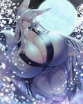 asian_clothing big_breasts big_ears blush breasts cleavage clothed clothing curvy_figure east_asian_clothing female fluffy fluffy_tail fully_clothed fur hair half-closed_eyes huge_breasts humanoid_hands hyper hyper_breasts inner_ear_fluff japanese_clothing kimono light_body light_skin long_hair looking_at_viewer monotone_body monotone_fur monotone_hair moon multi_tail narrowed_eyes night outside petals purple_eyes smile solo standing tail tight_clothing tuft voluptuous white_body white_fur white_hair w_techo300 hakusen animal_humanoid canid canid_humanoid canine canine_humanoid fox_humanoid humanoid mammal mammal_humanoid 4:5 hi_res