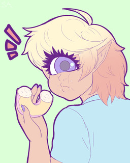 1_eye colored_nails dessert doughnut eating eyelashes female food hair humanoid_pointy_ears looking_at_viewer multicolored_hair nails not_furry pastry pointy_ears purple_eyes solo two_tone_hair souladdicted viviana_(souladdicted) cyclops humanoid 2018 4:5 absurd_res digital_media_(artwork) hi_res