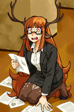 antlers bodily_fluids bottomwear brown_body brown_fur clothed clothing collared_shirt dress_shirt eyewear female freckled_chest freckled_face freckles fur glasses hair holding_object hooves horn kneeling light_body light_skin long_hair looking_at_viewer looking_up looking_up_at_viewer markings miniskirt multicolored_body multicolored_fur nervous nervous_sweat office office_clothing office_lady open_mouth orange_eyes orange_hair paper pencil_skirt shirt skirt solo spots spotted_body spotted_fur spotted_legs spotted_thighs suit sweat sweatdrop teeth topwear two_tone_body two_tone_fur undershirt thepiggydraws freya_agalith animal_humanoid deer deer_humanoid faun humanoid mammal mammal_humanoid absurd_res hi_res