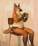 anthro black_nose briefs chair clothed clothing eating eyes_closed food fur furniture male orange_body orange_fur sandwich_(food) shirt simple_background sitting slightly_chubby slightly_chubby_anthro slightly_chubby_male solo tank_top topwear underwear white_body white_fur cettus leggy_(cettus) canid canine canis mammal maned_wolf wolf hi_res