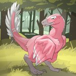 ambiguous_gender bipedal_feral blep day detailed_background feathers feet feral forest grass light pink_body pink_feathers plant solo sunlight tail talons toes tongue tongue_out tree asmallotter dinosaur dromaeosaurid feathered_dinosaur feathered_scalie prehistoric_species reptile scalie theropod utahraptor hi_res signature