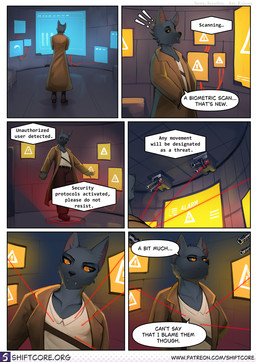 anthro black_body black_fur black_sclera brown_clothing brown_coat brown_topwear clothed clothed_anthro clothed_male clothing coat dialogue electronics fur gun laser_pointer machine male monitor orange_eyes ranged_weapon solo speech_bubble text topwear trenchcoat turret weapon rainset shiftcore alan_mercurio canid canine canis mammal wolf 2025 comic english_text hi_res url