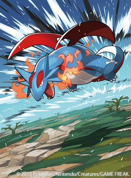 3_toes action_pose ambiguous_gender black_eyes blue_body blue_tail breath_powers claws cloud countershade_tail countershade_torso countershading ear_frill elemental_manipulation fangs feet feral fire fire_breathing fire_manipulation flying frill_(anatomy) grass long_tail membrane_(anatomy) membranous_frill midair motion_lines mountain multicolored_body open_mouth plant pose quadruped red_body red_countershading red_tail red_wings sky solo tail teeth toe_claws toes toony tree two_tone_tail white_body white_claws white_countershading wings naoki_saito european_mythology mythology nintendo pokemon pokemon_tcg dragon generation_3_pokemon mythological_creature mythological_scalie pokemon_(species) salamence scalie western_dragon 2015 compression_artifacts digital_drawing_(artwork) digital_media_(artwork) full-length_portrait official_art portrait