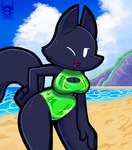 anthro apid_(chonzo) beach black_body black_fur blush bodily_fluids breasts canid canine chonzo cleavage_cutout clothing cloud cutout day detailed_background female fox front_view fur green_clothing green_one-piece_swimsuit green_swimwear hand_on_leg hand_on_thigh hi_res looking_at_viewer mammal one-piece_swimsuit one_eye_closed outside sand smile solo sweat swimwear thick_thighs turtleneck_swimsuit water wink winking_at_viewer