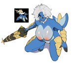 anthro areola biped blue_body breasts crouching female genitals hair nipples nude orange_eyes pussy shadow simple_background solo white_background white_hair yellow_body kambo league_of_legends nintendo pokemon riot_games tencent rell_(lol) generation_5_pokemon pokemon_(species) samurott 2023 hi_res