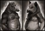 anthro belly black_border black_eyes body_hair border deep_navel duo freckles front_view fur gradient_background grey_background hairless hairy happy_trail looking_at_viewer male musclegut muscular navel nipples nude outline overweight overweight_male pig_nose simple_background tusks white_background wrinkles anisis babirusa mammal suid suine sus_(pig) wild_boar 2016 digital_media_(artwork) digital_painting_(artwork) greyscale half-length_portrait monochrome painting_(artwork) portrait signature