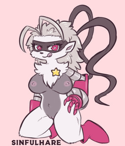 anthro areola big_breasts breasts cybernetic_arm cybernetic_limb female fur genitals grey_body grey_fur grey_hair hair heart_eyes heart_symbol licking licking_lips mask mechanical_arm mostly_nude nipples red_eyes solo star text tongue tongue_out vulva sinfulhare bandai_namco digimon digimon_beatbreak digimon_(species) mammal wolvermon 2025 artist_name digital_media_(artwork) hi_res