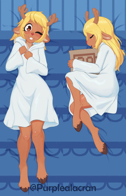 2_horns 5_fingers anthro antlers bangs barefoot biped blonde_hair blush breasts brown_antlers brown_body brown_ears brown_eyes brown_freckles brown_fur brown_hooves brown_horn buckteeth clothed clothed_anthro clothed_female clothing cloven_hooves dakimakura eyelashes eyes_closed feet female female_anthro fingers freckled_face freckles fur glistening glistening_eyes hair head_tilt hooded_robe hooves horn humanoid_hands long_eyelashes long_hair long_sleeves looking_at_viewer lying medium_breasts mouth_closed multicolored_body multicolored_fur on_back on_side one_eye_closed open_mouth pink_nose robe solo tan_body tan_fur tan_inner_ear teeth text two_tone_body two_tone_fur unguligrade white_clothing white_robe wink winking_at_viewer purplealacran deltarune undertale_(series) noelle_holiday deer mammal new_world_deer reindeer 2026 absurd_res artist_name dakimakura_design hi_res