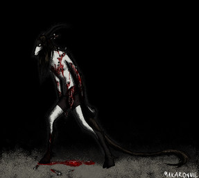 anthro beard black_background blood bodily_fluids brown_hair clothed clothing countershading dark facial_hair fur gore guts hair hooves horn intestines long_hair long_tail looking_forward male metal nails organs pain sad shadow simple_background skinny solo tail topless torture underwear underwear_only white_body wounded makaronnie bovid hybrid mammal aliasing digital_media_(artwork) shaded signature