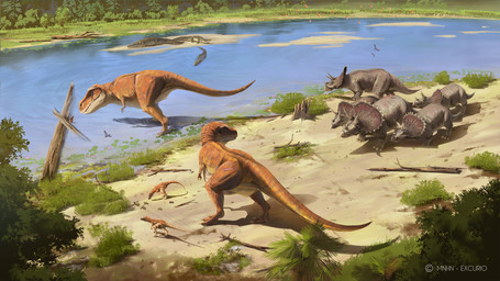 ambiguous_gender brown_body brown_scales feral grass grey_body grey_scales group horn open_mouth outside plant river sand scales size_difference swimming tail tree mael_oh avian bird ceratopsian ceratopsid chasmosaurine crocodilian dinosaur marginocephalian ornithischian prehistoric_species reptile saurischian scalie theropod triceratops tyrannosaurid tyrannosauroid tyrannosaurus tyrannosaurus_rex digital_media_(artwork) hi_res