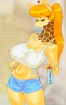 2020 5_fingers anthro big_breasts blonde_hair bodily_fluids bottle bottomwear breasts cat_pepper cleavage clothed clothing container dolphin_shorts eyes_closed female fingers fur giraffe giraffid hair hi_res horn huge_breasts kemono long_hair long_neck mammal memura_(cat_pepper) midriff navel ossicone shorts solo sweat thick_thighs water_bottle yellow_body yellow_fur