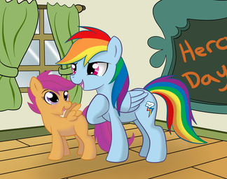 blue_body blue_feathers blue_fur chalkboard cutie_mark detailed_background duo feathered_wings feathers female feral fur hair hero information_board multicolored_hair multicolored_tail rainbow_hair rainbow_tail school tail toony wings young young_feral grumblepluck friendship_is_magic hasbro my_little_pony mythology rainbow_dash_(mlp) scootaloo_(mlp) equid equine mammal mythological_creature mythological_equine pegasus hi_res