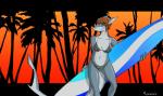 5_fingers anthro biped blue_eyes breasts brown_hair clothing female fingers grey_body grey_skin hair navel non-mammal_breasts smile solo standing surfboard swimwear vehicle watercraft keryth fish marine shark 2014