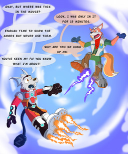 annoyed anthro boots clothing dialogue duo flying footwear male male/male red_spandex rocket_boots shoes sky skyscape text overkelion nintendo star_fox fox_mccloud zalno canid canine fox mammal english_text hi_res