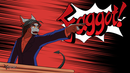 anthro black_hair clothed clothed_anthro clothing desk fangs furniture grey_body hair homophobic_slur long_hair long_nails male motion_lines orange_eyes profanity slur solo suit table tail teeth vesper_thee_bat ace_attorney capcom objection! vesper_thee_bat_(character) bat mammal 16:9 2026 4k absurd_res hi_res widescreen