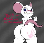 ambiguous_gender angry anthro big_butt blue_eyes blush butt looking_back rear_view solo spank_marks text thick_thighs white_body kahei_yattsu mammal murid murine rat rodent hi_res male_(lore)