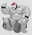 2_horns 3_toes 4_fingers anthro belly big_muscles bracelet claws collar feet fingers fist flexing grey_background hair hand_on_knee hand_on_leg horn jewelry kart looking_at_viewer male musclegut muscular muscular_anthro muscular_male navel nipples open_mouth pecs red_hair simple_background sitting solo spiked_bracelet spiked_collar spikes teeth toes vehicle vein veiny_muscles wheel purplebirdman mario_bros mario_kart nintendo bowser koopa reptile scalie greyscale hi_res monochrome