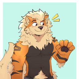 anthro anthrofied arm_tuft athletic athletic_anthro athletic_male biped black_body black_fur blush body_hair brown_eyes claws clothed clothing elbow_tuft finger_claws fingers front_view fur green_background happy_trail humanoid_hands looking_aside male mane markings neck_tuft orange_body orange_fur pawpads pokemorph pubes simple_background smile solo standing striped_markings stripes topless topless_anthro topless_male tuft bezzeroo nintendo pokemon arcanine generation_1_pokemon pokemon_(species) 1:1 2025 colored half-length_portrait hi_res portrait