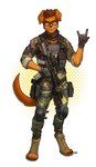 2024 absurd_res american_flag anthro assault_rifle boots brown_body brown_eyes brown_fur camo camo_clothing camo_print canid canine canis clothing devil_horns_(gesture) digitigrade digitigrade_boots domestic_dog eyebrows footwear fur gesture gloves gun hand_gesture handwear hi_res knee_pads looking_at_viewer male mammal military military_uniform pattern_clothing pgm300 pouches ranged_weapon rifle scope shoes soldier solo teeth toeless_footwear toeless_shoes uniform united_states_of_america warrior weapon