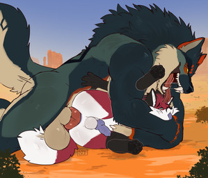 4_toes 5_fingers animal_genitalia animal_penis anthro balls big_balls big_penis black_body black_fur blue_body blue_fur bodily_fluids canine_genitalia canine_penis desert duo fangs feet fingers fur fur_markings genitals green_eyes green_sclera knot knotting leg_markings male markings open_mouth orange_body orange_fur pawpads paws penis purple_penis purple_tongue red_body red_fur saliva size_difference sky socks_(marking) teeth toes tongue tongue_out white_body white_fur seibear zoru canid canine canis fox mammal wolf