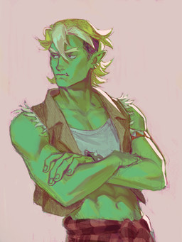 abs blonde_hair clothed clothing crop_top crossed_arms fully_clothed green_body green_skin hair humanoid_pointy_ears male midriff muscular muscular_humanoid muscular_male navel not_furry pointy_ears shirt simple_background solo topwear underbite vest justheretodraw drawfee_(copyright) drawtectives gyorik_rogdul humanoid mammal orc 3:4 digital_media_(artwork) hi_res