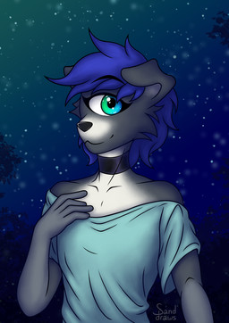 1_eye ambiguous_gender anthro blue_clothing blue_dress blue_hair clothing cosmic_background countershading dress grey_body hair looking_at_viewer smile solo star starry_background white_body white_countershading sanddraws canid canine canis cyclops domestic_dog mammal 2026 half-length_portrait hi_res portrait