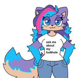 :3 anthro big_eyes black_nose blue_body blue_eyes blue_fur blue_hair bottomwear clothing countershade_accent countershading denim denim_bottomwear denim_clothing dipstick_tail eyebrows female fur gloves_(marking) hair hands_on_hips humor jeans markings multicolored_body multicolored_fur multicolored_hair pants pink_hair purple_body purple_fur raised_eyebrow shirt simple_background smile solo standing tail tail_markings tan_body tan_fur text text_on_clothing text_on_shirt text_on_topwear topwear white_background white_clothing white_shirt white_topwear wishypaw ascella canid canine canis mammal wolf english_text flat_colors