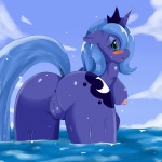 1:1 2011 absurd_res anthro anthrofied anus biped blue_body blue_fur blue_hair blush breasts butt crown digital_media_(artwork) dock_(anatomy) equid equine female friendship_is_magic fur genitals hair hasbro headgear hi_res horn looking_at_viewer looking_back looking_back_at_viewer mammal my_little_pony mythological_creature mythological_equine mythology nipples nude open_mouth pink_nipples plump_labia princess_luna_(mlp) pussy solo sssonic2 tail teal_eyes thick_thighs unicorn water wet