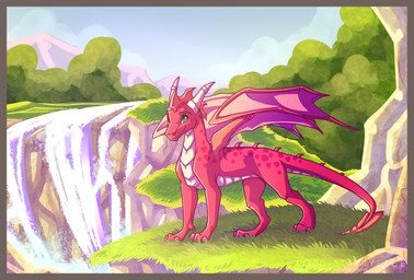 2_horns arrow_tail border cliff countershading detailed_background dewclaw feral frill_(anatomy) grass green_eyes head_crest head_frill horn landscape male mountain orange_border pink_wing plant quadruped red_body red_scales scales solo standing tan_body tan_countershading tan_scales tree waterfall lord-starryface activision european_mythology mythology spyro_the_dragon fan_character dragon mythological_creature mythological_scalie scalie western_dragon 2014 hi_res signature