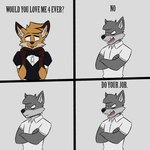 4_panel_comic anthro biped black_nose brown_ear_tips brown_nose clothed clothed_anthro clothed_male clothing crossdressing crossed_arms dialogue dipstick_ears duo ear_markings facial_tuft fangs femboy fully_clothed fully_clothed_male fur grey_body grey_fur head_tuft index_to_index maid_uniform male multicolored_ears orange_body orange_fur simple_background teeth text tuft uniform suitedwolfie balthy_(suitedwolfie) canid canine canis fox mammal red_fox true_fox wolf 1:1 2025 english_text hi_res