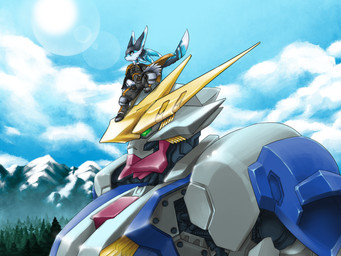 anthro black_sclera blue_body blue_eyes blue_feathers blue_markings cloak clothing cloud facial_markings feather_markings feathers flight_suit forest forest_background grey_body grey_feathers head_markings looking_ahead machine male markings mecha mountain_range nature nature_background orange_cloak orange_clothing plant sitting_on_head size_difference sun sun_glare tail tail_markings tree white_body white_feathers pixel_(artist) gundam mobile_suit_gundam:_iron-blooded_orphans braid_(k'braid) gundam_barbatos gundam_barbatos_lupus_rex avali humanoid mobile_suit 4:3 hi_res