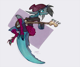 4_fingers 4_toes action_pose anthro bass_guitar black_clothing blue_body blue_eyes blue_pawpads bottomwear clothing ear_piercing eyelashes feet female fingers footwear grey_hair guitar hair headgear headwear jumping legwear looking_away musical_instrument pawpads piercing pink_clothing plucked_string_instrument pose purple_background purple_clothing shirt simple_background skirt snout socks solo string_instrument toes toony topwear white_background darbaras raiyk floofadile bat crocodile crocodilian hybrid mammal reptile scalie 2016 artist_collaboration colored shaded signature