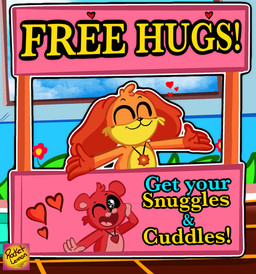 anthro free_hugs heart_symbol male orange_body red_body smile solo text rocketlennon mob_entertainment poppy_playtime smiling_critters bobby_bearhug dogday_(poppy_playtime) bear canid canine canis domestic_dog mammal english_text hi_res