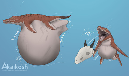 ambiguous_gender belly big_belly blue_background bone bubble burping burping_up_bones burping_up_object digestion duo feral feral_pred feral_prey huge_belly licking licking_lips orange_body orange_fin orange_tail simple_background tail text tongue tongue_out vore white_belly yellow_eyes akaikosh aquatic kronosaurus plesiosaur pliosaur pliosaurus prehistoric_species reptile scalie 2026 english_text url