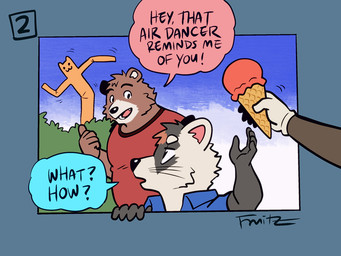 anthro black_markings black_nose blue_clothing blue_shirt blue_speech_bubble blue_topwear brown_body brown_fur clothing dessert duo emoticon food forehead_mark fur gloves gradient_background handwear humor ice_cream male male/male markings motion_lines numbered_tag offscreen_character plant pointing_with_thumb red_clothing red_shirt red_speech_bubble red_topwear round_body shirt shrub simple_background simple_coloring size_difference sky strawberry_ice_cream text topwear tube_man whiskers white_body white_fur fruitz bear domestic_ferret mammal mustelid musteline true_musteline weasel 4:3 digital_media_(artwork)