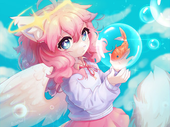5_fingers ahoge ambiguous_feral ambiguous_gender anthro bangs blue_eyes bottomwear bubble clothed clothed_anthro clothing duo eyelashes feathered_wings feathers female female_anthro feral fingers fur hair hair_between_eyes long_hair looking_at_viewer outside pink_bottomwear pink_clothing pink_hair pink_nose pink_skirt skirt sky sweater tail tan_body tan_fur topwear white_body white_fur white_wings wings young young_anthro young_female vallshad amur_carp aquatic carp cyprinid cypriniform domestic_cat felid feline felis fish koi mammal typical_carp 4:3 colored digital_drawing_(artwork) digital_media_(artwork) hi_res shaded