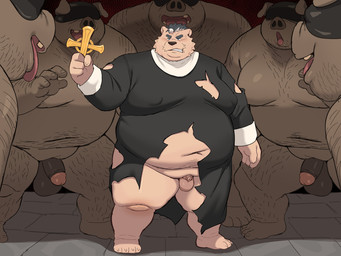 anthro balls barazoku belly big_balls bodily_fluids chest_tuft clothing collar cross cum defeat defeat_sex defeated dirty dripping facial_piercing foreskin genital_fluids genitals glans grope groping_chest group humanoid_genitalia humanoid_penis kemono light male male/male mature_anthro moob_suck moobs navel nipples nude obese obese_anthro obese_male open_mouth overweight overweight_anthro overweight_male partially_retracted_foreskin penis piercing precum precum_drip priest priest_robes ring_piercing sucking sweat sweaty_belly text thick_thighs tongue tongue_out torn_clothing tuft moki_(artist) instant_loss_2koma domestic_pig mammal suid suine sus_(pig) 2026 colored digital_drawing_(artwork) digital_media_(artwork) japanese_text lighting shaded translated